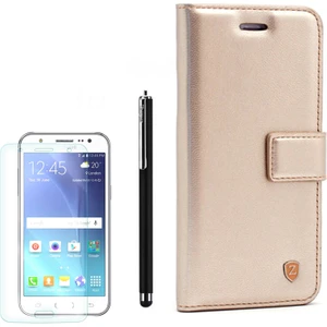 Samsung Galaxy J7 2015 Kılıf Kartvizitli Standlı Delüx Gold +Kalem+ Cam