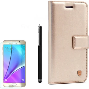 Samsung Galaxy Note 5 Kılıf Kartvizitli Standlı Delüx Gold +Kalem+ Cam