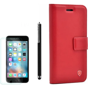 Apple iPhone 6 Plus Kılıf Kartvizitli Standli Delüx Kırmızı +Kalem+ Cam