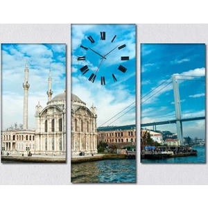 - Ortaköy Camii 3 Parçalı Simetrik Canvas Tablo Saat - 80X60cm