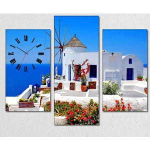 - Santorini 3 Parçalı Simetrik Canvas Tablo Saat - 80X60cm