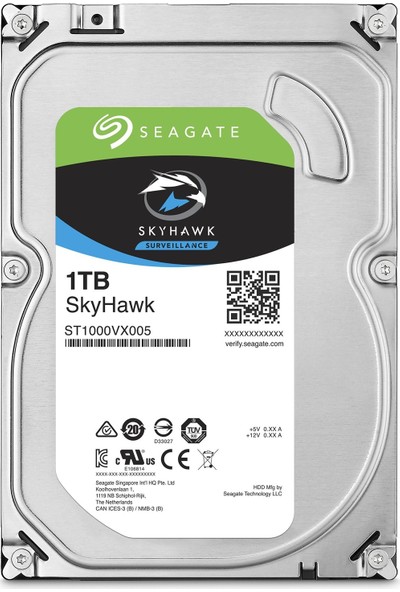 Seagate Skyhawk 3.5" 1TB Sata 3.0 64MB 180Mb/s 5900Rpm 64HD Kamera 180TB/Yil Isyükü 7/24 Güvenlik Diski ST1000VX005
