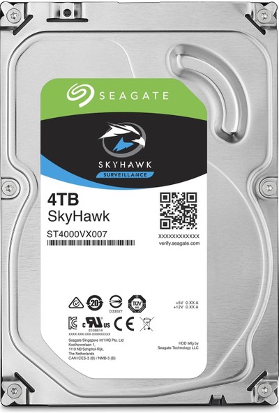 Seagate Skyhawk 3.5" 4TB Sata 3.0  64MB 190Mb/s RV Sensör 5900Rpm 64HD Kamera 180TB/Yil Isyükü 7/24 Güvenlik Disk ST4000VX007