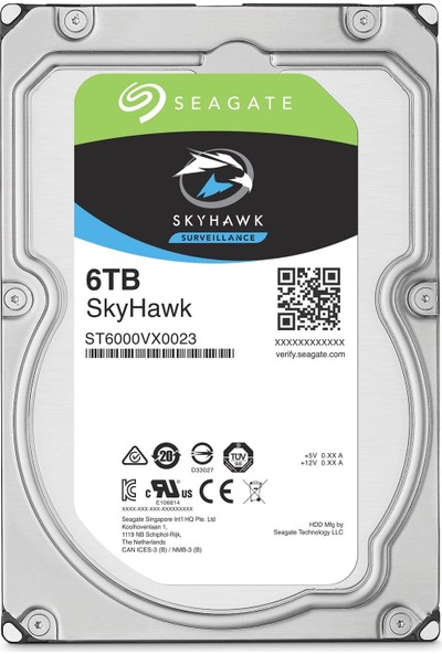 Seagate Skyhawk 3.5" 6TB Sata 3.0 256MB 195Mb/s RV Sensör 7200Rpm 64HD Kamera 180TB/Yil Isyükü 7/24 Güvenlik Disk  ST6000VX0023