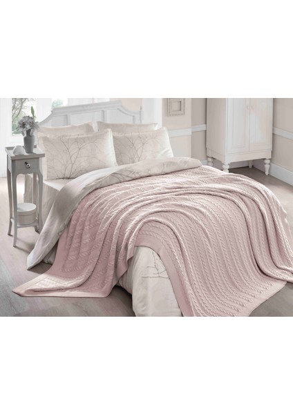 Çift Kişilik Akrilik Örgü Battaniye - Pudra