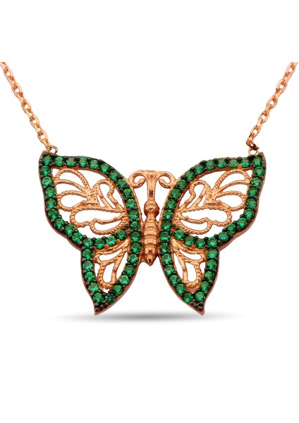 Yeşil Zirkon Taşlı Gümüş Kelebek Kolye