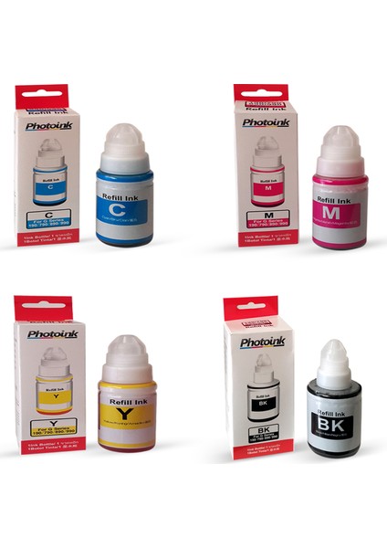 Canon Gi 490 Uyumlu Photoink 4 Renk Mürekkep Takımı -Canon G1400/G2400/G3400/G1410/G2410/G3410/G4400 Uyumlu