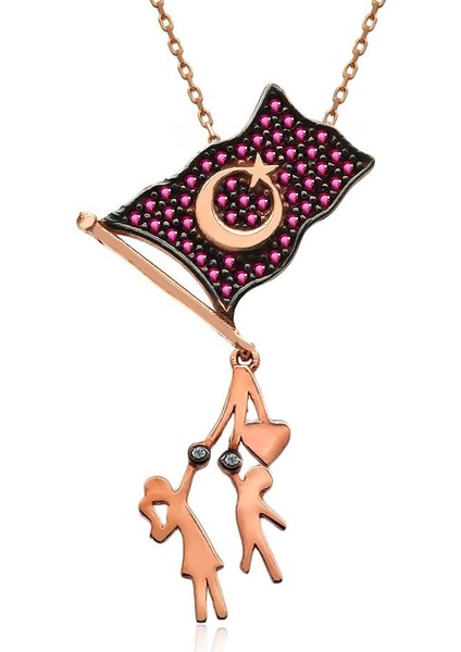 Bayrak Tutan Çocuklar Gümüş Kolye