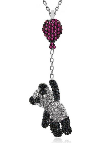 Uçan Balonlu Beyaz Panda Gümüş Kolye