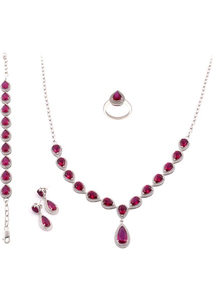 Kırmızı Zirkon Taşlı Gerdanlıklı Gümüş Set