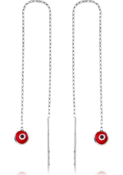 Gumush Gümüş Zincirli Kırmızı Nazar Küpe