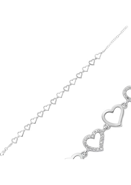 Bayan Lili Gümüş Zirkon Taşlı Sıralı Kalp Bileklik