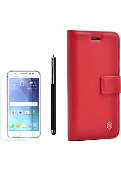 Samsung Galaxy J7 2015 Kılıf Kartvizitli Standlı Delüx Kırmızı +Kalem+ Cam