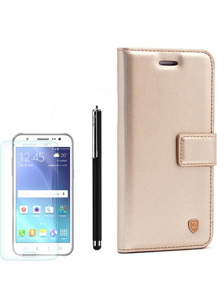 Samsung Galaxy J7 2015 Kılıf Kartvizitli Standlı Delüx Gold +Kalem+ Cam