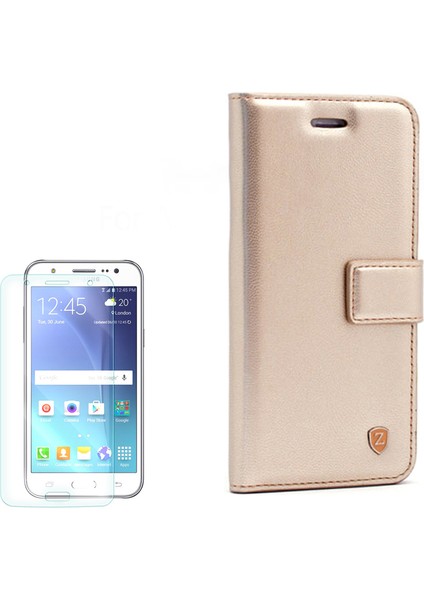 Samsung Galaxy J7 2016 Kılıf Kartvizitli Standlı Delüx Gold + Cam