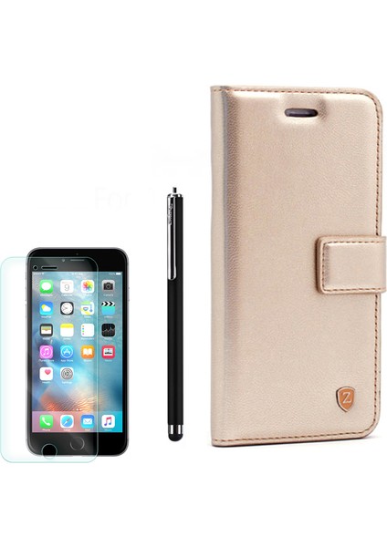 Apple iPhone 6 Plus Kılıf Kartvizitli Standli Delüx Gold +Kalem+ Cam