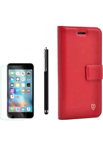 Apple iPhone 6 Plus Kılıf Kartvizitli Standli Delüx Kırmızı +Kalem+ Cam