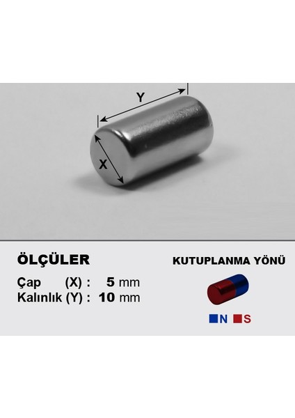 5x10 mm Güçlü Neodyum Mıknatıs Silindirik Çap:5mm Uzunluk:10 mm (4'lü) fiyatları