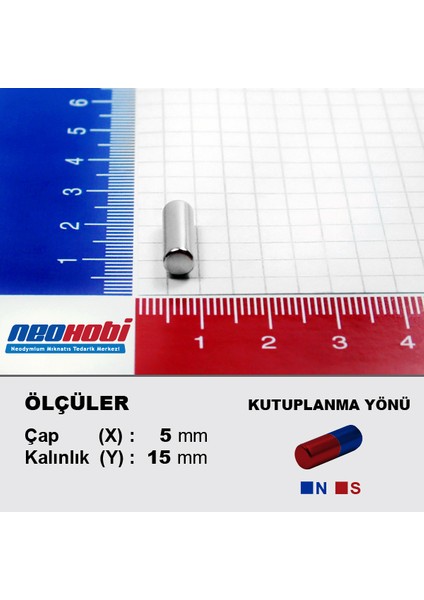5x15 mm Neodyum Mıknatıs Silindir Çap:5mm Uzunluk:15mm (5'li Paket) modelleri