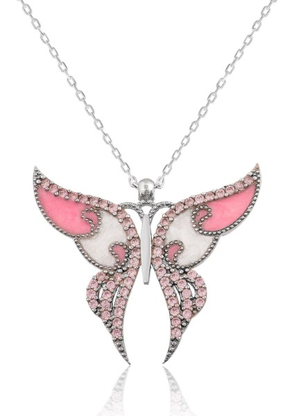 Tekbir Silver Gümüş Pembe Kelebek Kolye