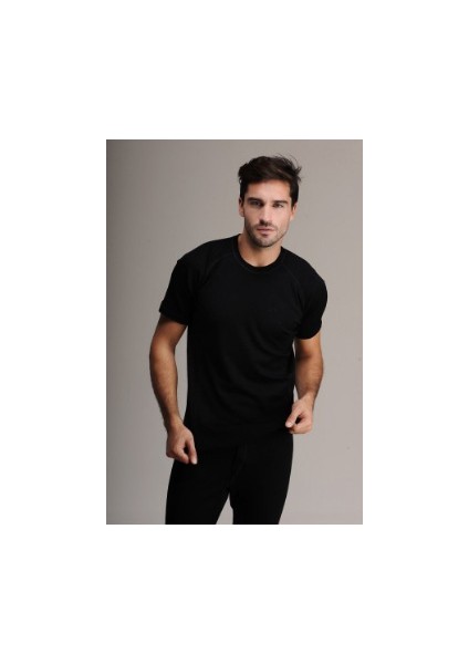 Hasyün Erkek Kısa Kol %100 Yün İçlik Siyah