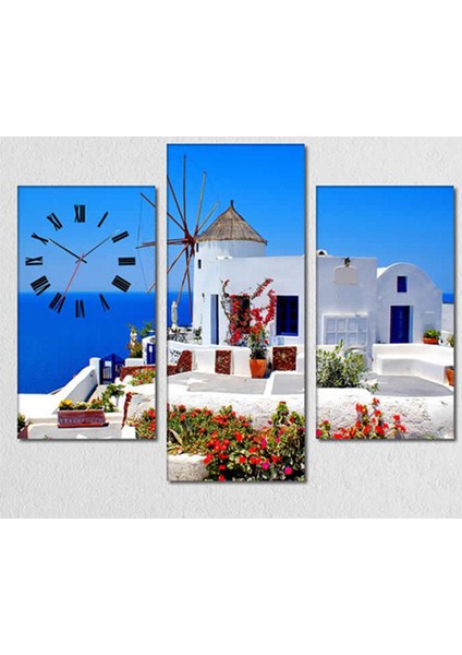 - Santorini 3 Parçalı Simetrik Canvas Tablo Saat - 80X60cm