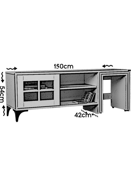 Revival Metal Ayaklı Sürgülü Tv Ünitesi, Zigon Sehpalı, 150 Cm, Meşe