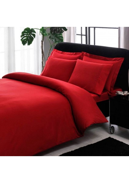 Premium Basic Stripe Çift Kişilik Nevresim Takımı Kırmızı