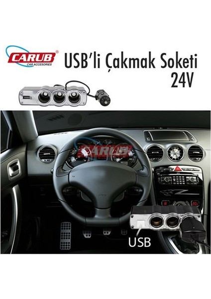 Çakmak Soketi 3'lü+Usb Girişli Kablolu 12-24V