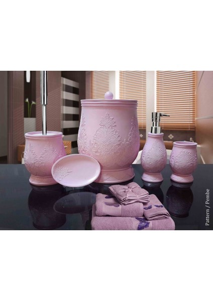 Pattern Pembe Polyester Banyo Seti