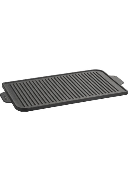 Düz ve Izgara Yüzeyli Metal Kulplu Döküm Demir Griddle 26x47 cm