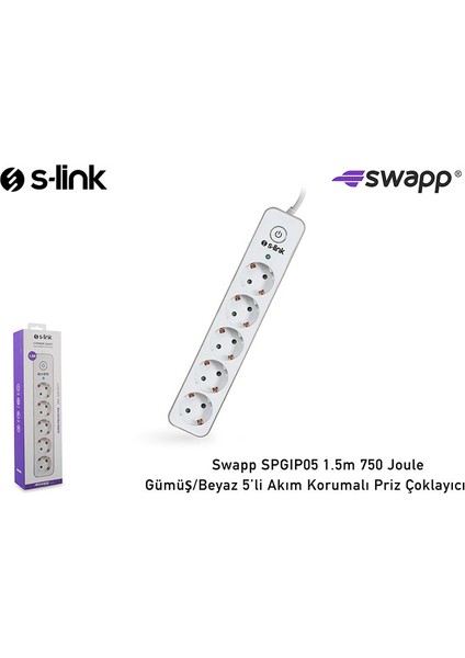 S-link Swapp SPGIP05 1.5m 750 Joule Gümüş/Beyaz 5Li Akım Kor. Priz Çoklayıcı