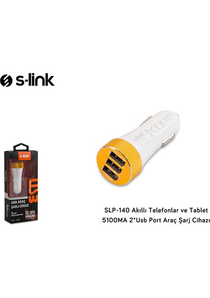 S-link SLP-140 Akıllı Telefonlar ve Tablet 5100MA 2*Usb Port Siyah/Beyaz Araç Şarj Cihazı