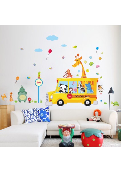 Çocuk Ve Bebek Odası Panda Zebra Zürafa Tur Okul Otobüsü Duvar Resim Sticker 170X100 Cm Bitmiş Boyut