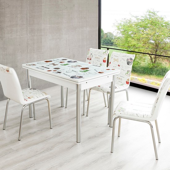 Evinizin Mobilyası Açılır Cam Mutfak Masası Masa Sandalye Latte Desenli(6 Sandalyeli)