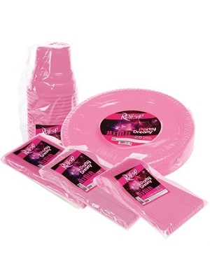 Pandoli 125 Parça 25 Kişilik Plastik Parti Sofra Seti Pembe Renk