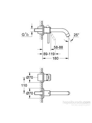 Grohe Atrio İki Delikli Duvardan Lavabo Bataryası S - Boyut - 19287001