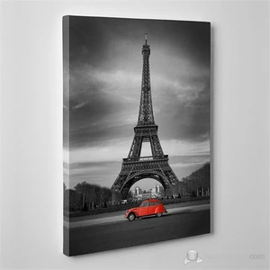 - Eiffel And Red Car Canvas Tablo - 75X50cm