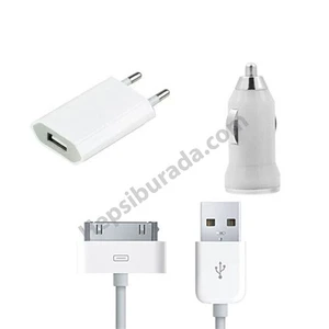 Apple iPhone Uyumlu 4-4S 3İn1 Ev Ve Araç Şarjı + Data Kablosu Seti
