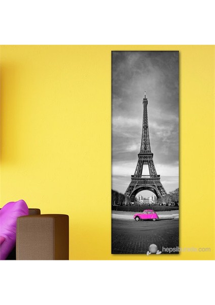 - Eiffel And Red Car Pink Canvas Tablo - 90X30cm