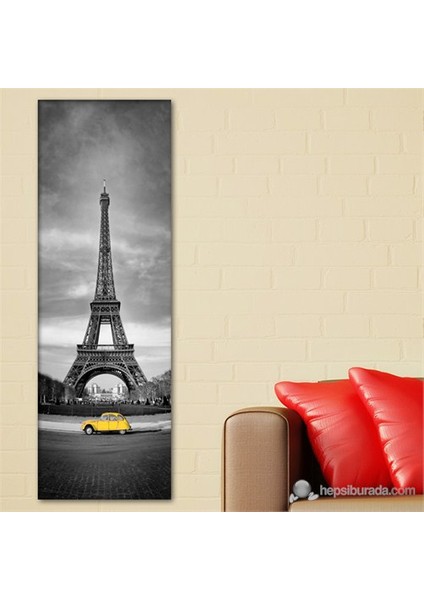 - Eiffel And Red Car Yellow Canvas Tablo - 90X30cm