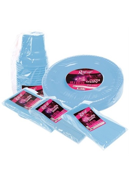 125 Parça 25 Kişilik Plastik Parti Sofra Seti Mavi Renk