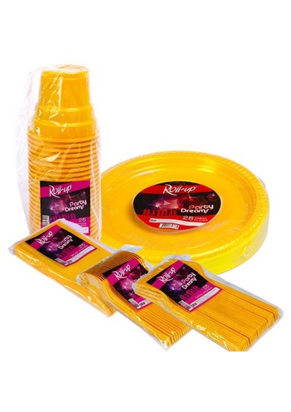 125 Parça 25 Kişilik Plastik Parti Sofra Seti Sarı Renk