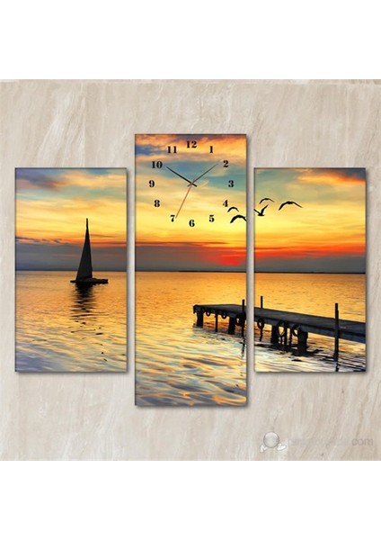 - Seagulls Sunset 3 Parçalı Simetrik Canvas Tablo Saat - 80X60cm