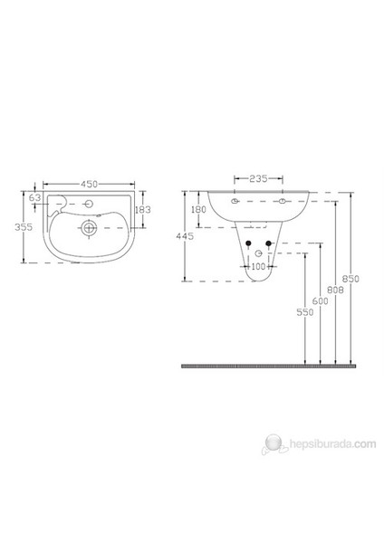 Ece Banyo Yarım Ayaklı Lavabo 45cm ( Batarya Delikli)