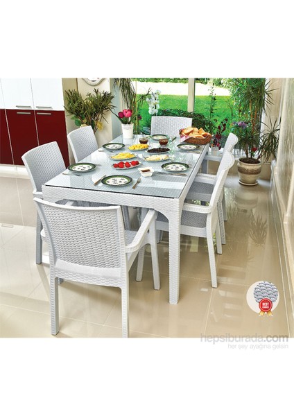 Rattan Plastik Oturma Grubu (90X150 Camlı Masa + 6 Rattan Koltuk) Rattan Sehpa Hediyeli