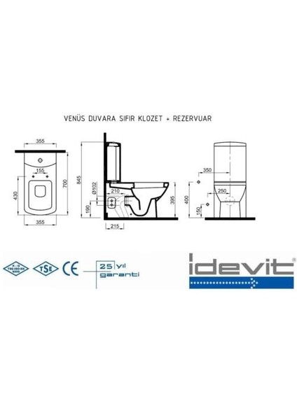 Venus Duvara Sıfır Klozet + Rezervuar Takımı