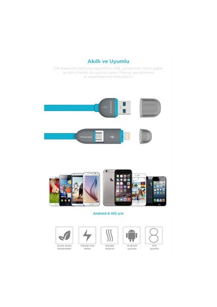 PN-301 Lightning ve Micro USB Mavi Kablo