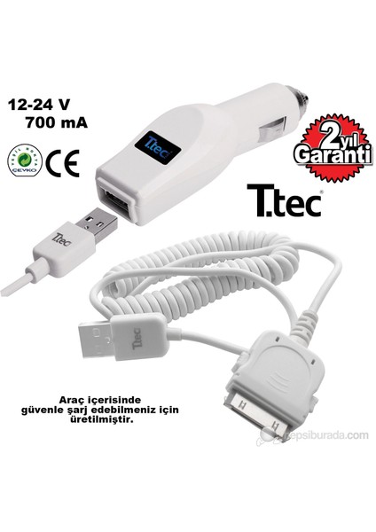 iPhone Uyumlu 3GS/4/4S Araç Şarjı 100-39-00-011909
