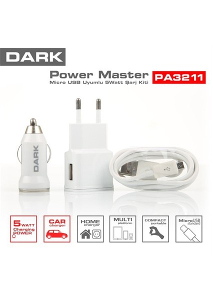 Power Master Micro USB Kablolu 5V/1A Ev-Araç Şarj Cihazı Kiti (DK-AC-PA3211)